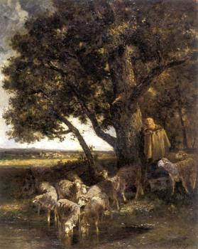 Charles Emile Jacque : A Shepherdess with Her Flock by a Pool
